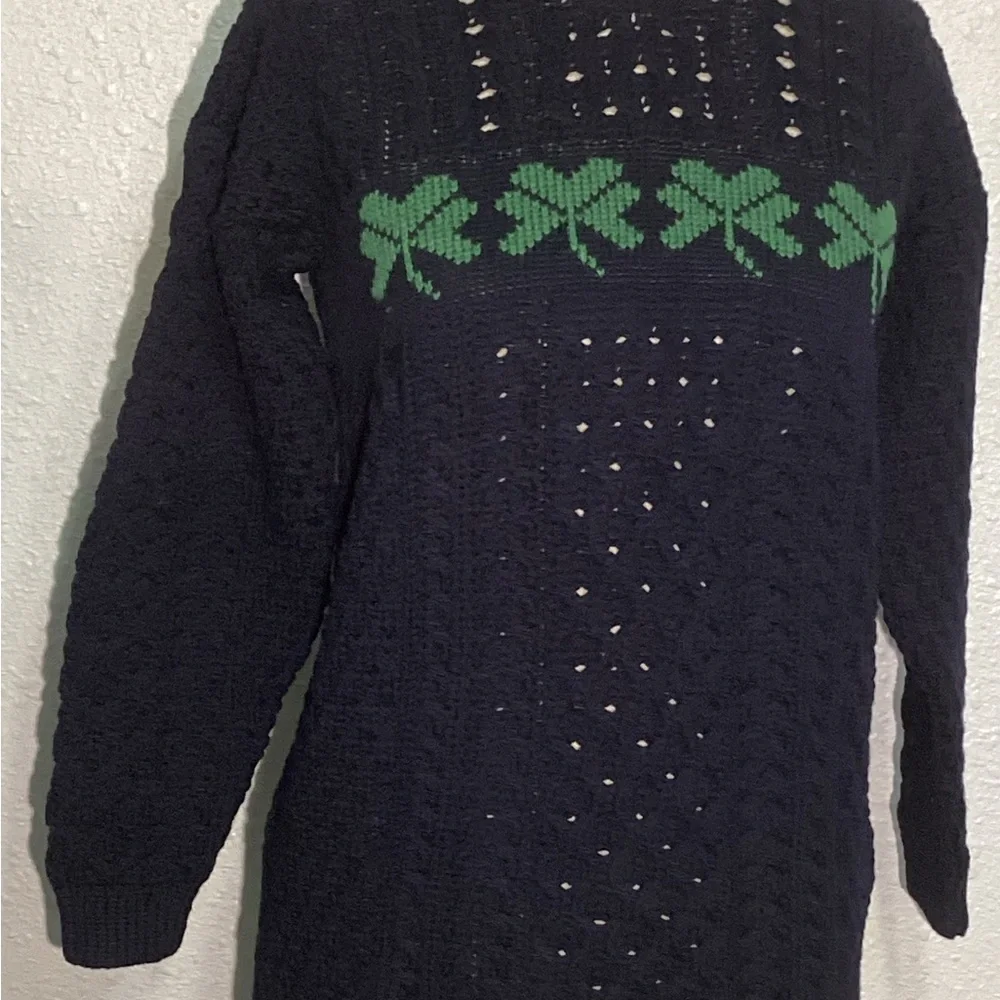 Aran Navy Blue Cable Knit with Green Shamrock Design Sweater size XXL
